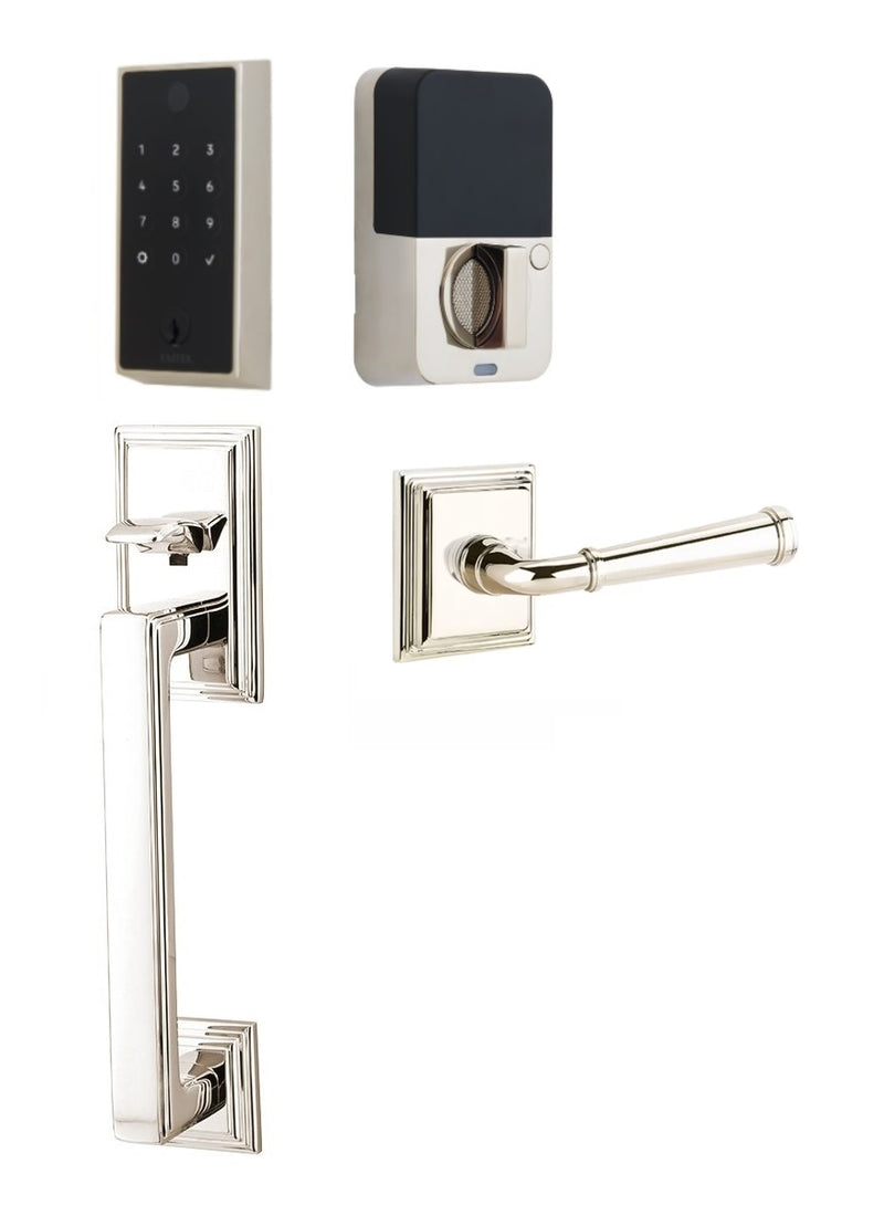 The Emtek EMPowered 2 Touch Entry Set with Hamden Grip and Interior Merrimack Lever in Lifetime Polished Nickel finish.