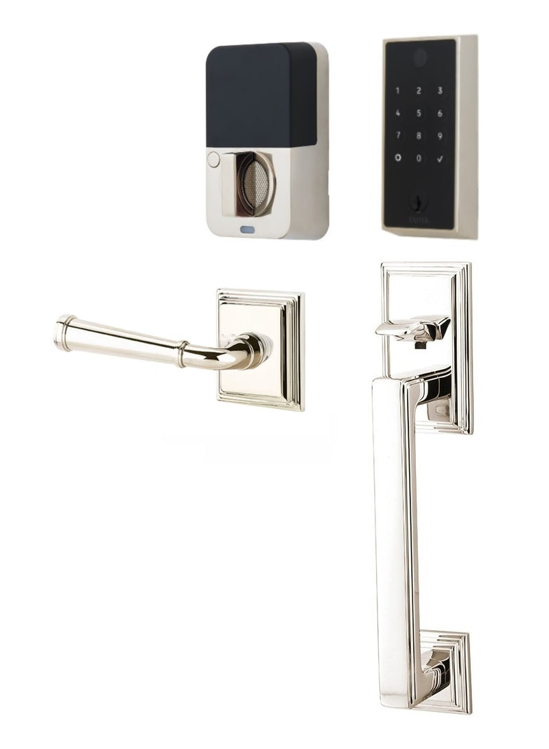 The Emtek EMPowered 2 Touch Entry Set with Hamden Grip and Interior Merrimack Lever in Lifetime Polished Nickel finish.