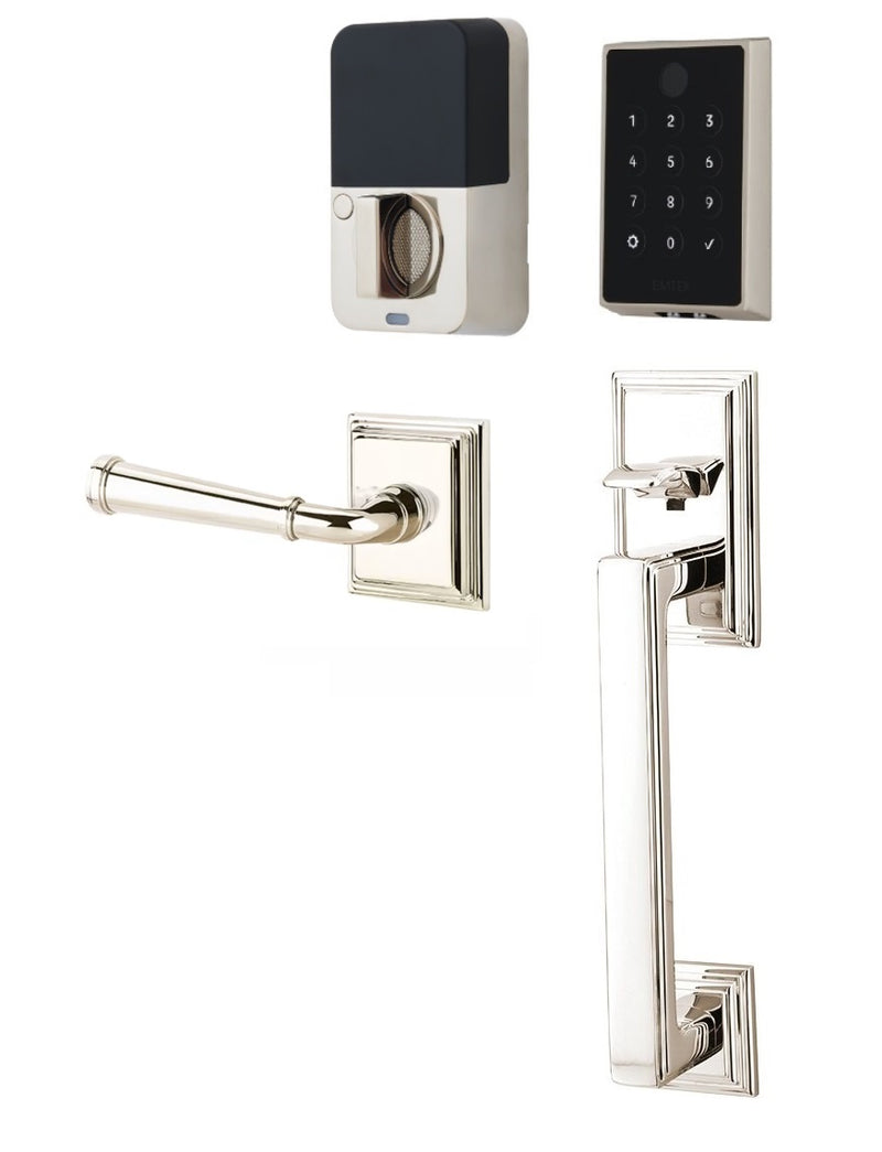 The Emtek EMPowered 2 Touch Entry Set with Hamden Grip and Interior Merrimack Lever in Lifetime Polished Nickel finish.