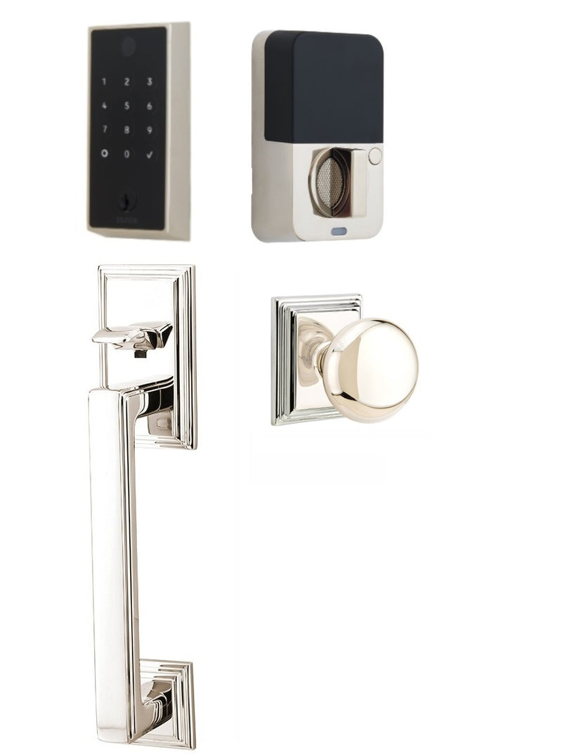 The Emtek EMPowered 2 Touch Entry Set with Hamden Grip and Interior Providence Knob in Lifetime Polished Nickel finish.