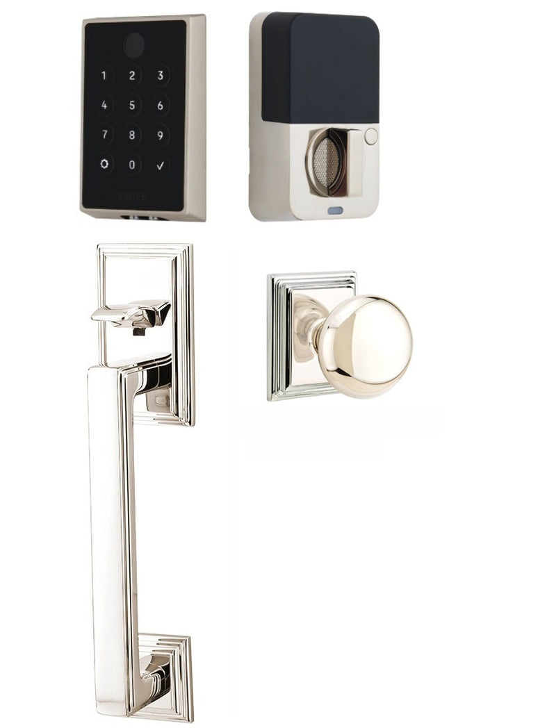 The Emtek EMPowered 2 Touch Entry Set with Hamden Grip and Interior Providence Knob in Lifetime Polished Nickel finish.