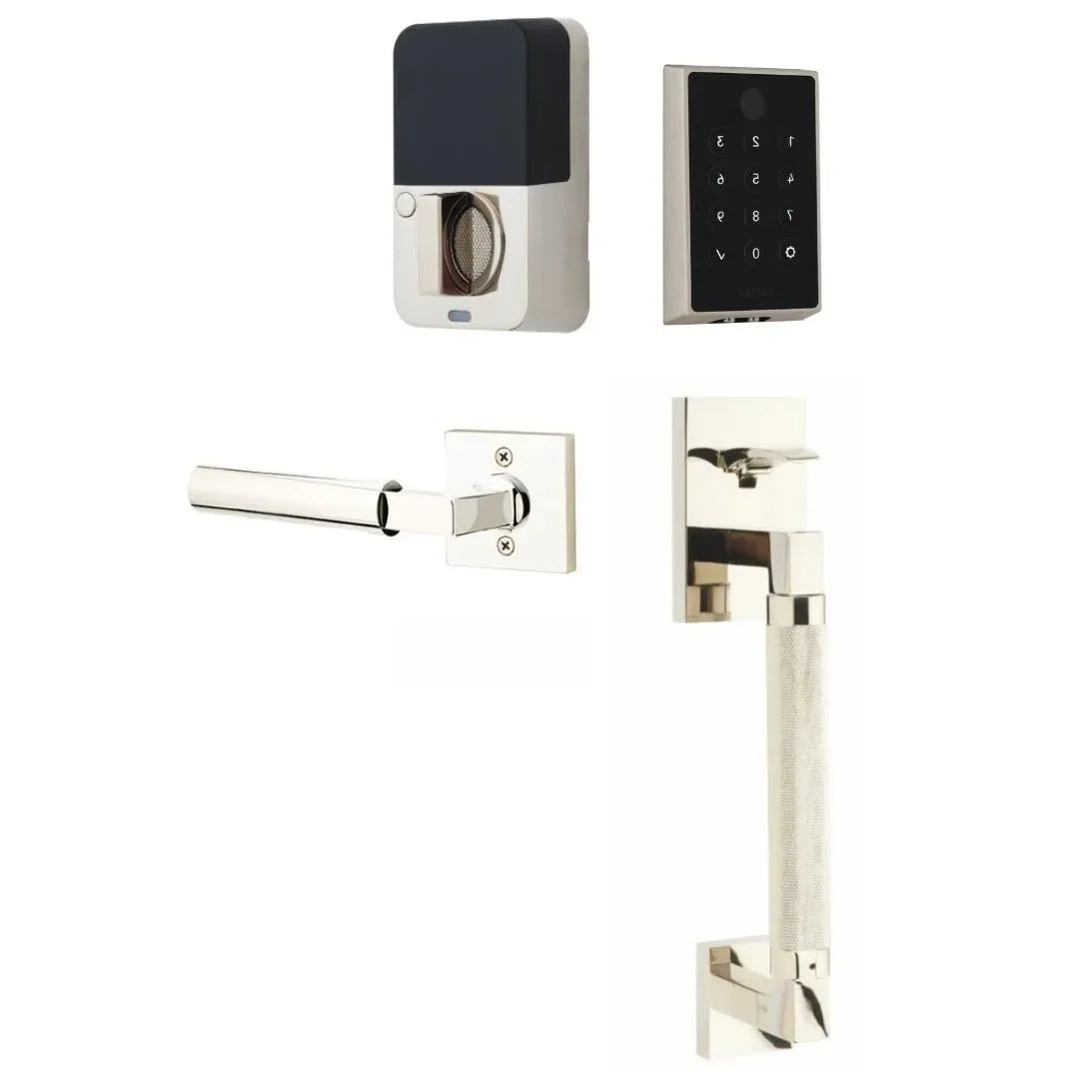 The Emtek EMPowered 2 Touch Entry Set with Hercules Knurled Grip and Interior Hercules Lever in Lifetime Polished Nickel finish.