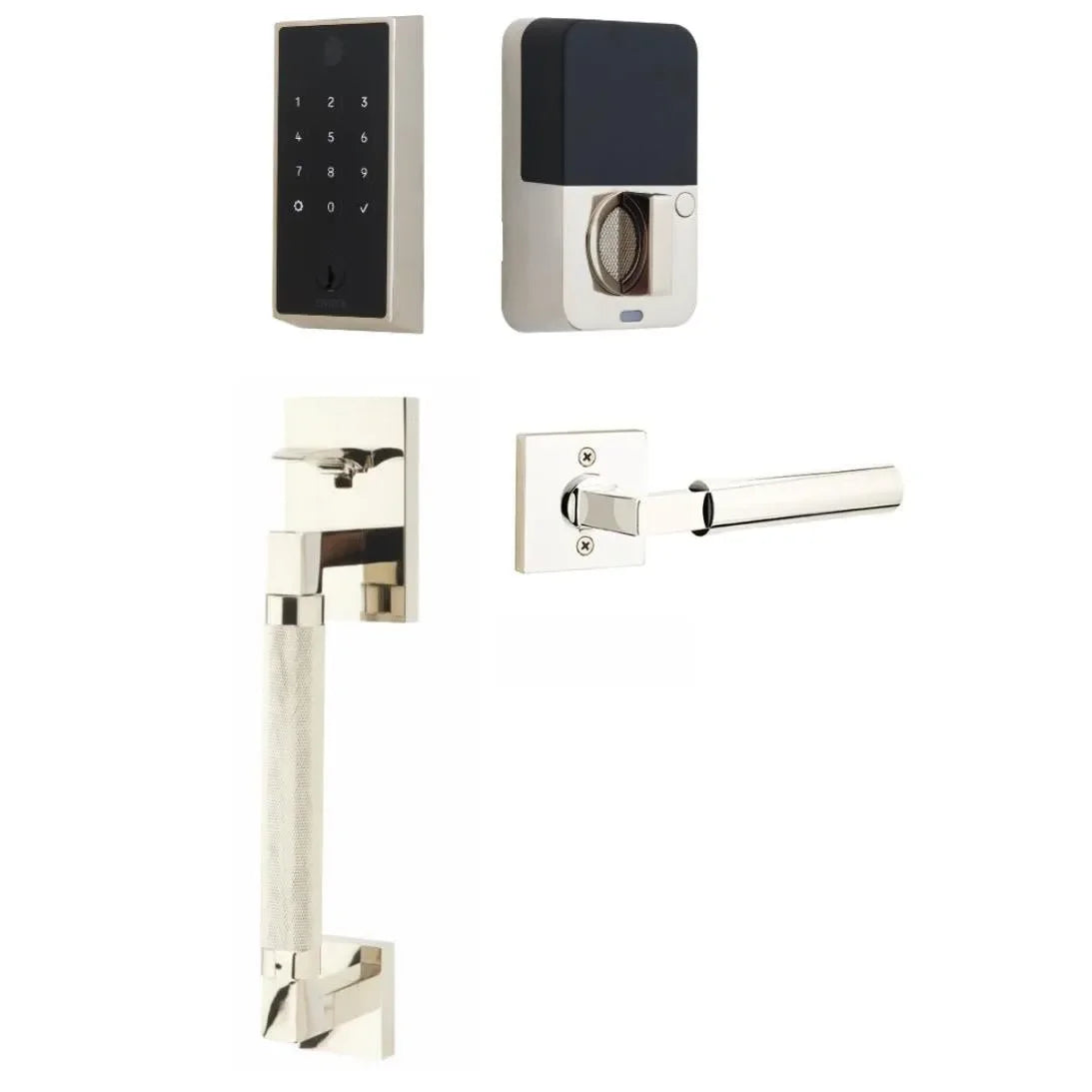 The Emtek EMPowered 2 Touch Entry Set with Hercules Knurled Grip and Interior Hercules Lever in Lifetime Polished Nickel finish.