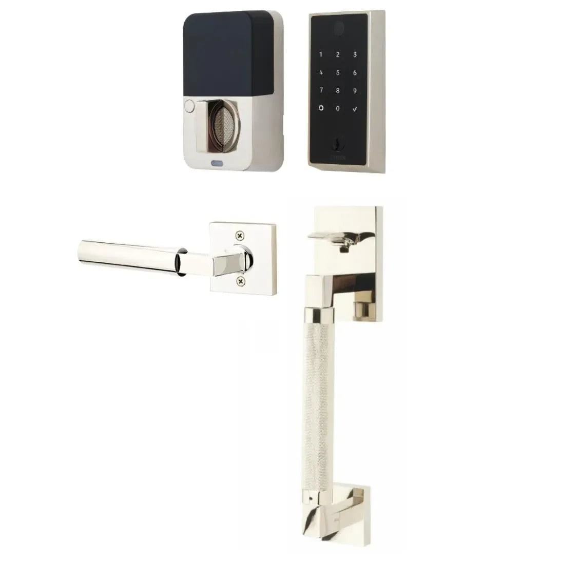 The Emtek EMPowered 2 Touch Entry Set with Hercules Knurled Grip and Interior Hercules Lever in Lifetime Polished Nickel finish.