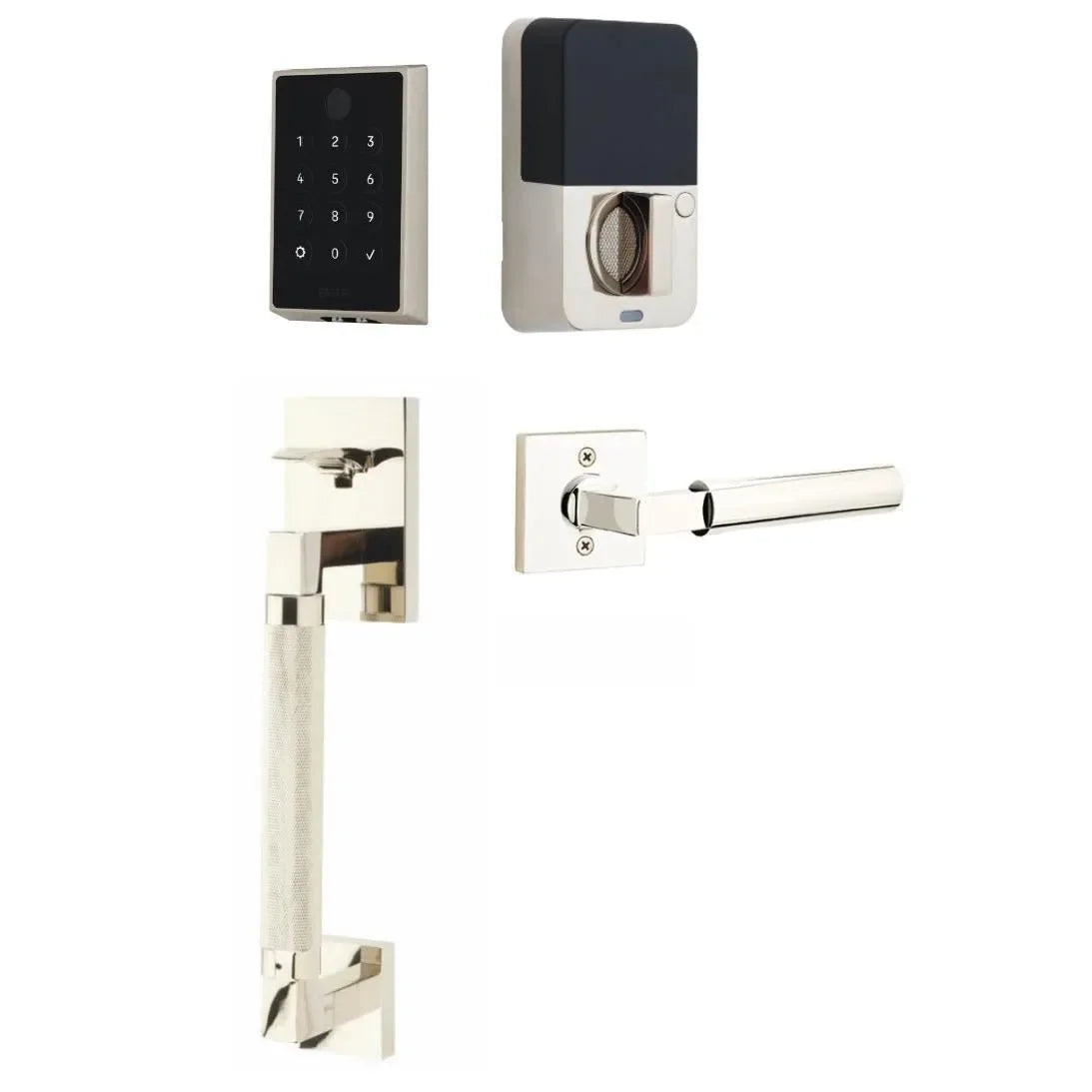 The Emtek EMPowered 2 Touch Entry Set with Hercules Knurled Grip and Interior Hercules Lever in Lifetime Polished Nickel finish.