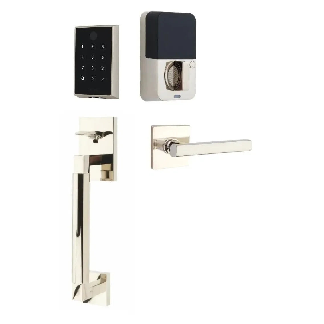 The Emtek EMPowered 2 Touch Entry Set with Hercules Smooth Grip and Interior Freestone Lever in Lifetime Polished Nickel finish.