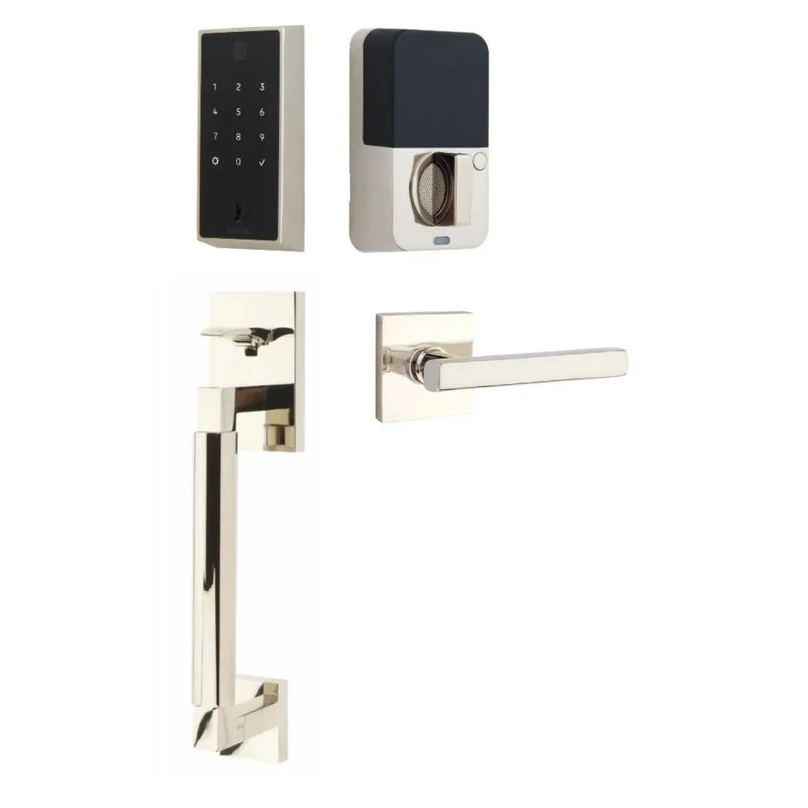 The Emtek EMPowered 2 Touch Entry Set with Hercules Smooth Grip and Interior Freestone Lever in Lifetime Polished Nickel finish.