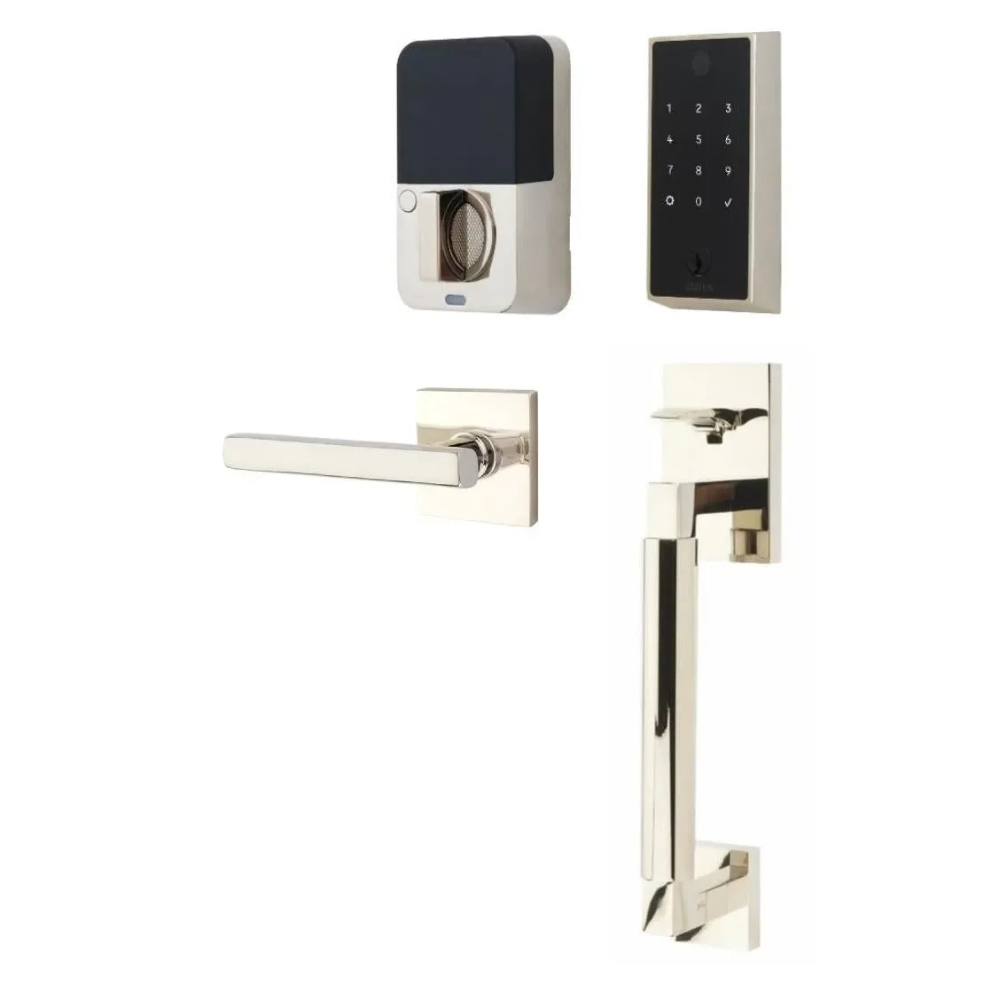 The Emtek EMPowered 2 Touch Entry Set with Hercules Smooth Grip and Interior Freestone Lever in Lifetime Polished Nickel finish.