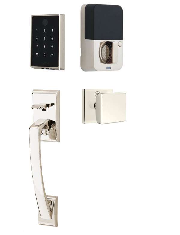 The Emtek EMPowered 2 Touch Key Free Entry Set with Ares Grip and Interior Square Knob in Lifetime Polished Nickel finish.