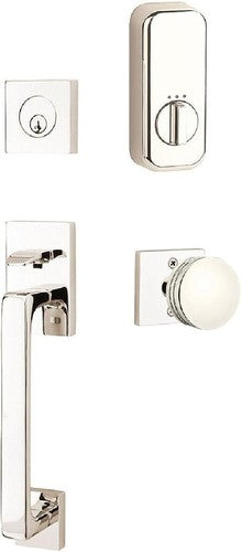 The Emtek EMPowered Baden Tubular Entrance Handleset Single Cylinder with Bern Knob in Lifetime Polished Nickel finish