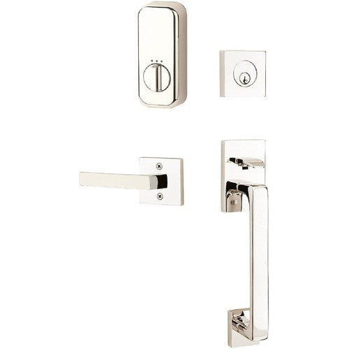 The Emtek EMPowered Baden Tubular Entrance Handleset Single Cylinder with Dumont Lever in Lifetime Polished Nickel finish