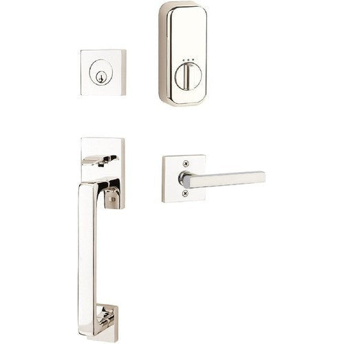 The Emtek EMPowered Baden Tubular Entrance Handleset Single Cylinder with Freestone Lever in Lifetime Polished Nickel finish