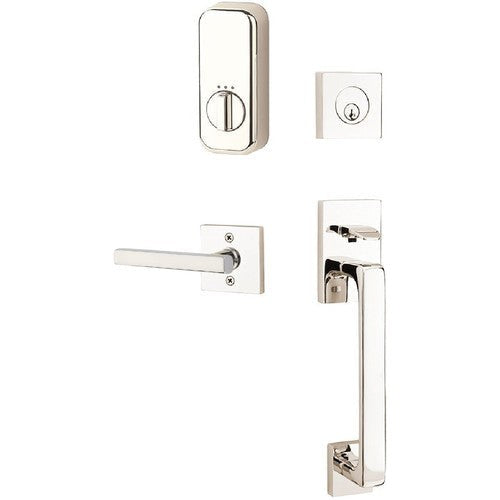 The Emtek EMPowered Baden Tubular Entrance Handleset Single Cylinder with Freestone Lever in Lifetime Polished Nickel finish