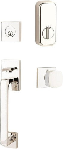 Emtek EMPowered Baden Tubular Entrance Handleset Single Cylinder with Freestone Square Knob in Lifetime Polished Nickel finish