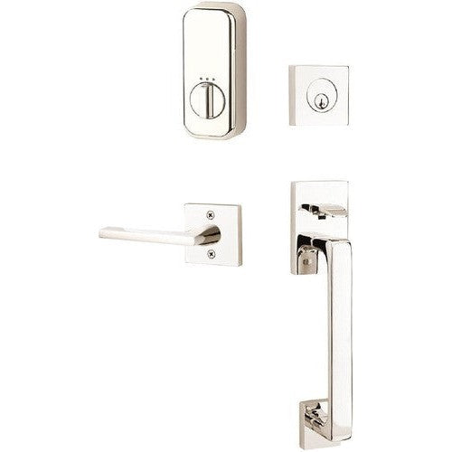 The Emtek EMPowered Baden Tubular Entrance Handleset Single Cylinder with Helios Lever in Lifetime Polished Nickel finish