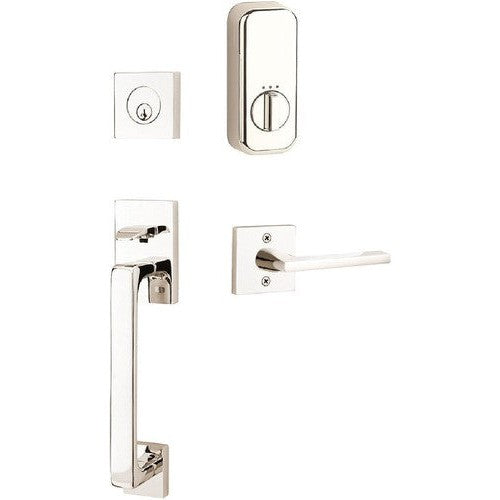 The Emtek EMPowered Baden Tubular Entrance Handleset Single Cylinder with Helios Lever in Lifetime Polished Nickel finish