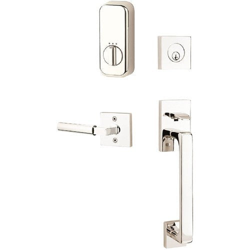 The Emtek EMPowered Baden Tubular Entrance Handleset Single Cylinder with Hercules Lever in Lifetime Polished Nickel finish