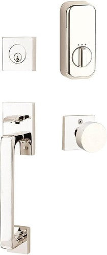 The Emtek EMPowered Baden Tubular Entrance Handleset Single Cylinder with Round Knob in Lifetime Polished Nickel finish