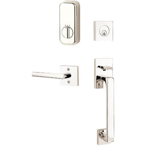 The Emtek EMPowered Baden Tubular Entrance Handleset Single Cylinder with Stuttgart Lever in Lifetime Polished Nickel finish