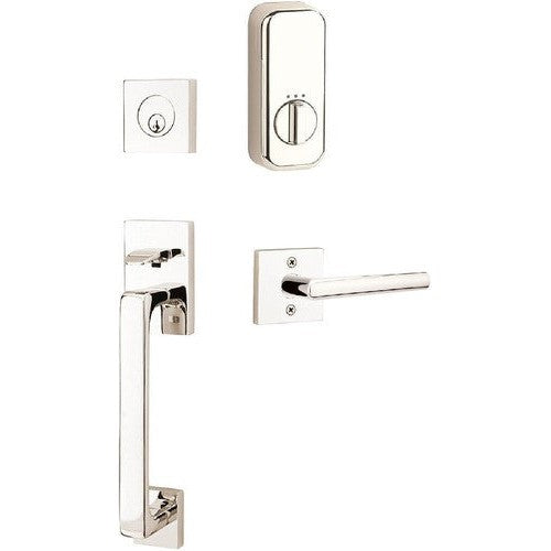 The Emtek EMPowered Baden Tubular Entrance Handleset Single Cylinder with Stuttgart Lever in Lifetime Polished Nickel finish