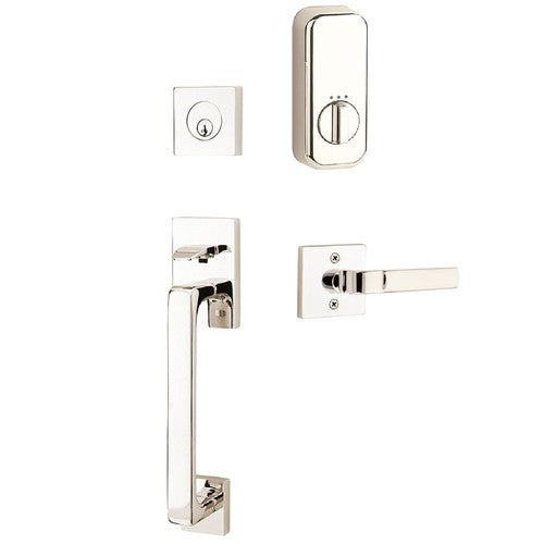 The Emtek EMPowered Smart Lock Baden Tubular Single Cylinder Entrance Handleset with Aston Lever in Lifetime Polished Nickel finish