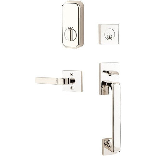 The Emtek EMPowered Smart Lock Baden Tubular Single Cylinder Entrance Handleset with Aston Lever in Lifetime Polished Nickel finish