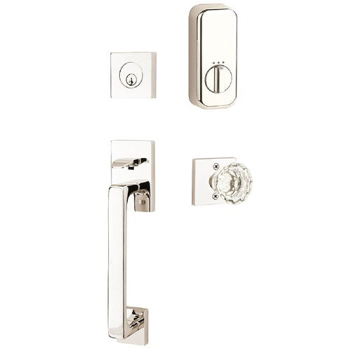 Emtek EMPowered Smart Lock Baden Tubular Single Cylinder Entrance Handleset with Astoria Clear Crystal Knob in Lifetime Polished Nickel finish