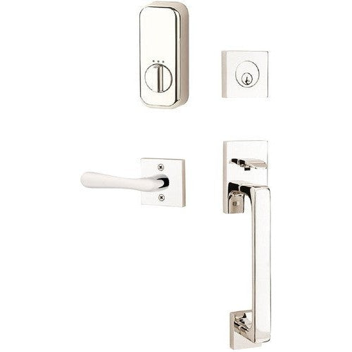 The Emtek EMPowered Smart Lock Baden Tubular Single Cylinder Entrance Handleset with Basel Lever in Lifetime Polished Nickel finish