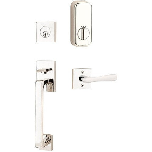 The Emtek EMPowered Smart Lock Baden Tubular Single Cylinder Entrance Handleset with Basel Lever in Lifetime Polished Nickel finish