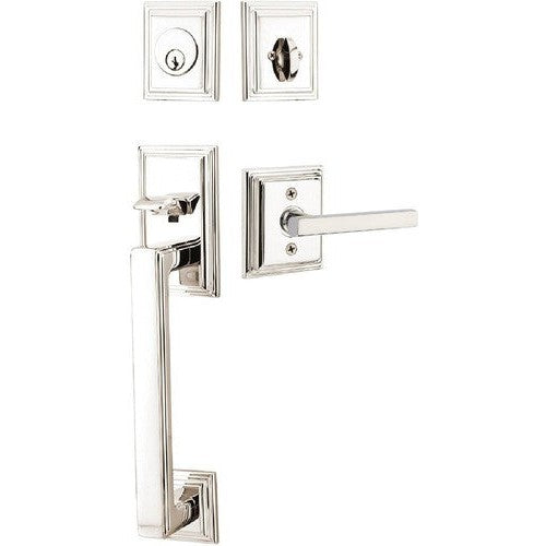 Emtek Hamden Tubular Entrance Handleset With Freestone Lever in Lifetime Polished Nickel finish
