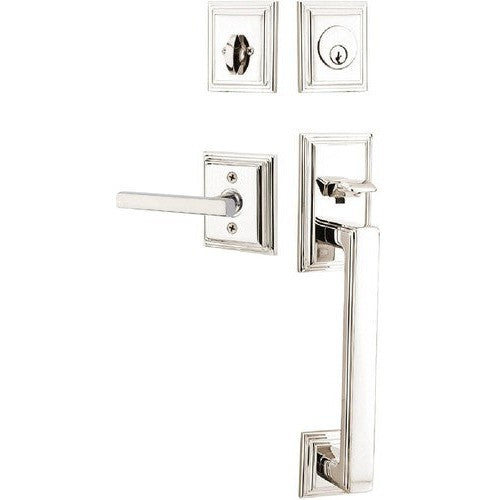 Emtek Hamden Tubular Entrance Handleset With Freestone Lever in Lifetime Polished Nickel finish
