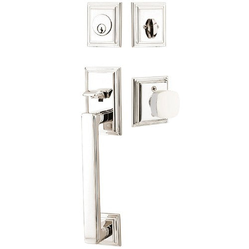 Emtek Hamden Tubular Entrance Handleset With Freestone Square Knob in Lifetime Polished Nickel finish