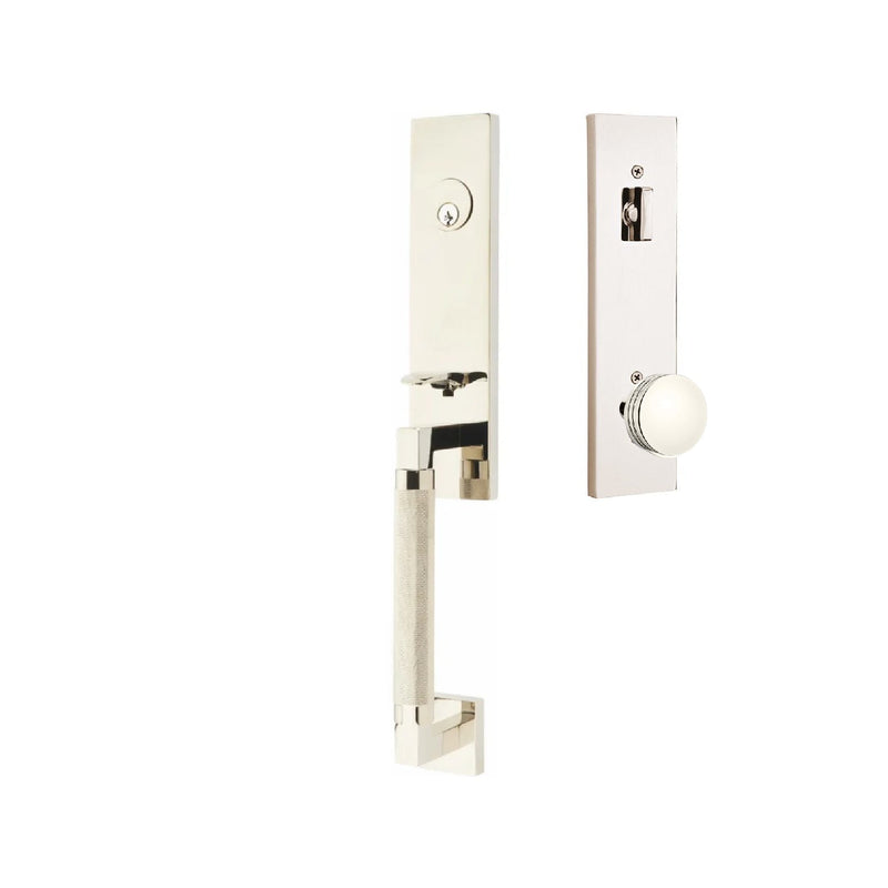 Emtek Hercules Knurled Monolithic Tubular Entry Set with Bern Knob in Lifetime Polished Nickel finish