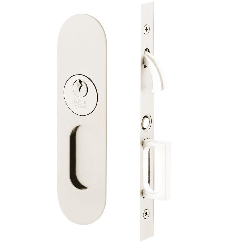 Emtek Keyed Narrow Oval Pocket Door Mortise Lock in Lifetime Polished Nickel finish