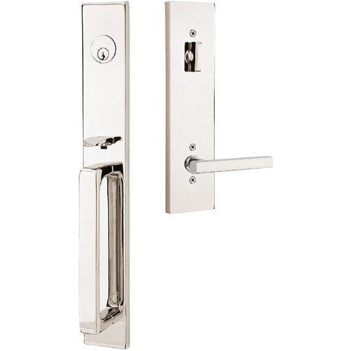 Emtek Lausanne Entrance Handleset With Freestone Lever in Lifetime Polished Nickel finish