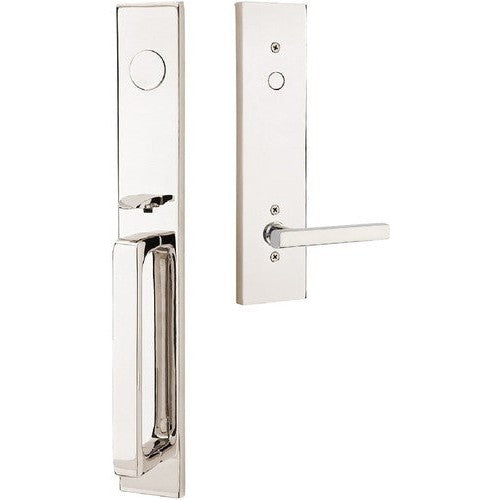 Emtek Lausanne Entrance Handleset With Freestone Lever in Lifetime Polished Nickel finish