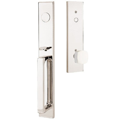 Emtek Lausanne Entrance Handleset With Freestone Square Knob in Lifetime Polished Nickel finish