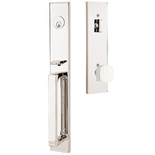 Emtek Lausanne Entrance Handleset With Freestone Square Knob in Lifetime Polished Nickel finish