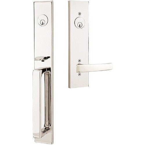 Emtek Lausanne Tubular Double Cylinder Entrance Handleset with Geneva Lever in Lifetime Polished Nickel finish