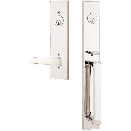 Emtek Lausanne Tubular Entrance Handleset Single Cylinder with Geneva Lever in Lifetime Polished Nickel finish