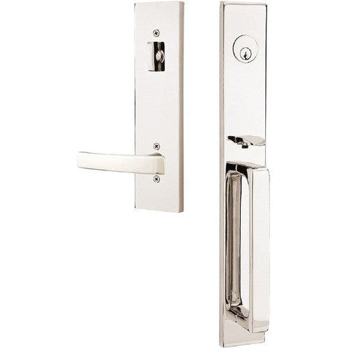 Emtek Lausanne Tubular Entrance Handleset Single Cylinder with Geneva Lever in Lifetime Polished Nickel finish