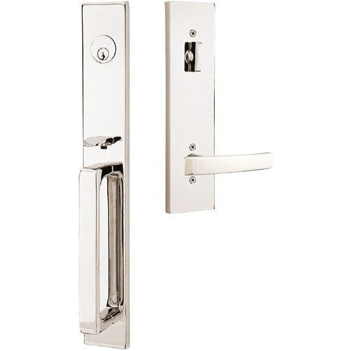 Emtek Lausanne Tubular Entrance Handleset Single Cylinder with Geneva Lever in Lifetime Polished Nickel finish