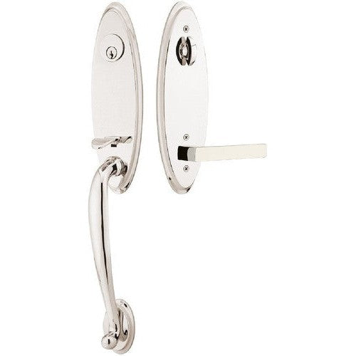 Emtek Marietta Tubular Entrance Handleset With Dumont Lever in Lifetime Polished Nickel finish