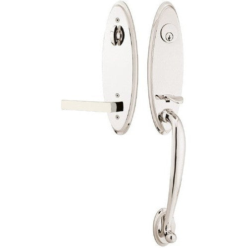 Emtek Marietta Tubular Entrance Handleset With Dumont Lever in Lifetime Polished Nickel finish