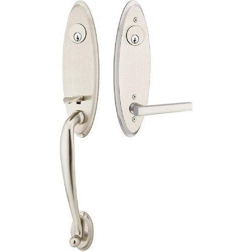 Emtek Marietta Tubular Entrance Handleset With Freestone Lever in Lifetime Polished Nickel finish