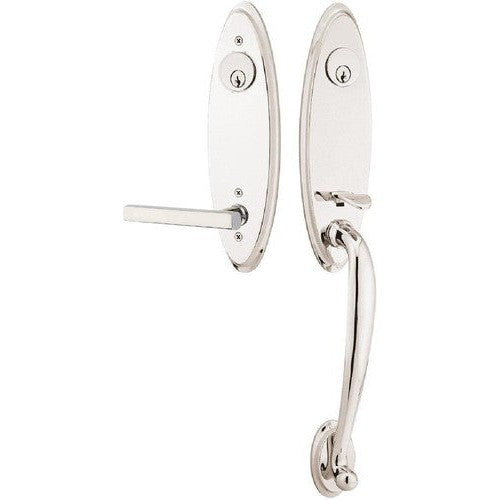 Emtek Marietta Tubular Entrance Handleset With Freestone Lever in Lifetime Polished Nickel finish