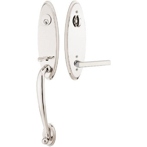 Emtek Marietta Tubular Entrance Handleset With Freestone Lever in Lifetime Polished Nickel finish