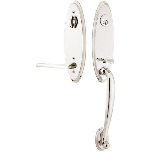 Emtek Marietta Tubular Entrance Handleset With Helios Lever in Lifetime Polished Nickel finish