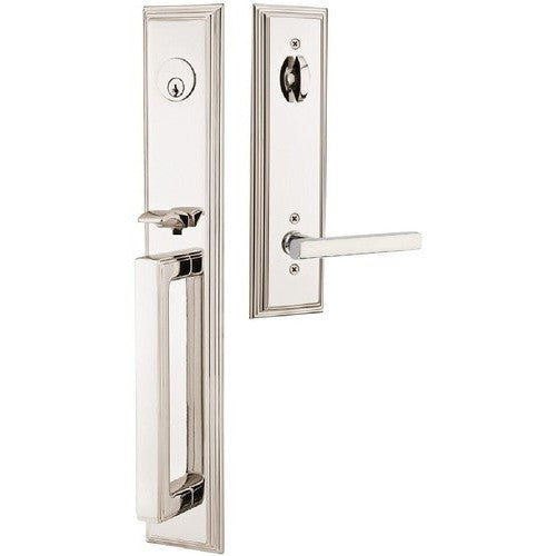 Emtek Melrose Tubular Entrance Handleset With Freestone Lever in Lifetime Polished Nickel finish