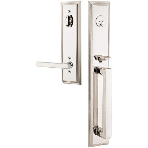 Emtek Melrose Tubular Entrance Handleset With Freestone Lever in Lifetime Polished Nickel finish